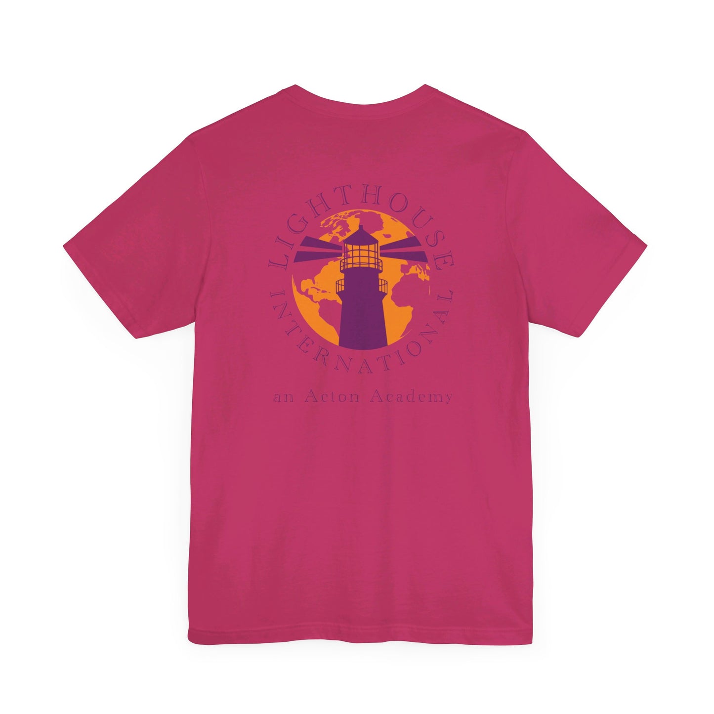 Be Curious simple w/ Lighthouse International on back Unisex Jersey Short Sleeve Tee