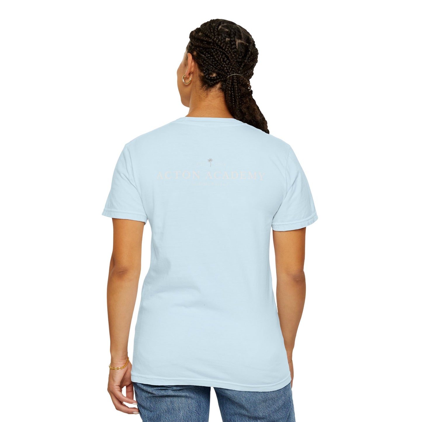 Be Curious Box with small Acton Academy Summerville on back Unisex Garment-Dyed T-shirt