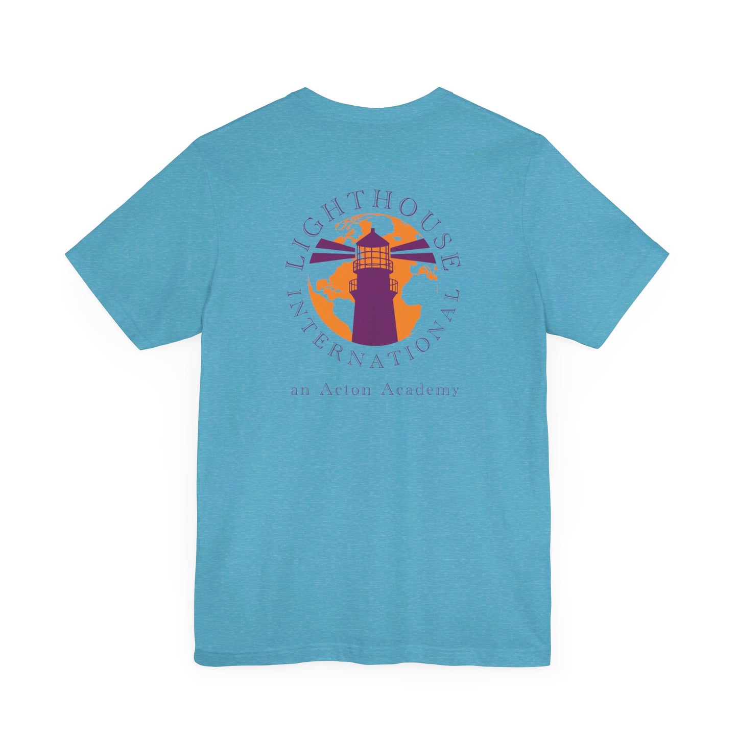 Be Curious with Lighthouse International logo on back Unisex Jersey Short Sleeve Tee