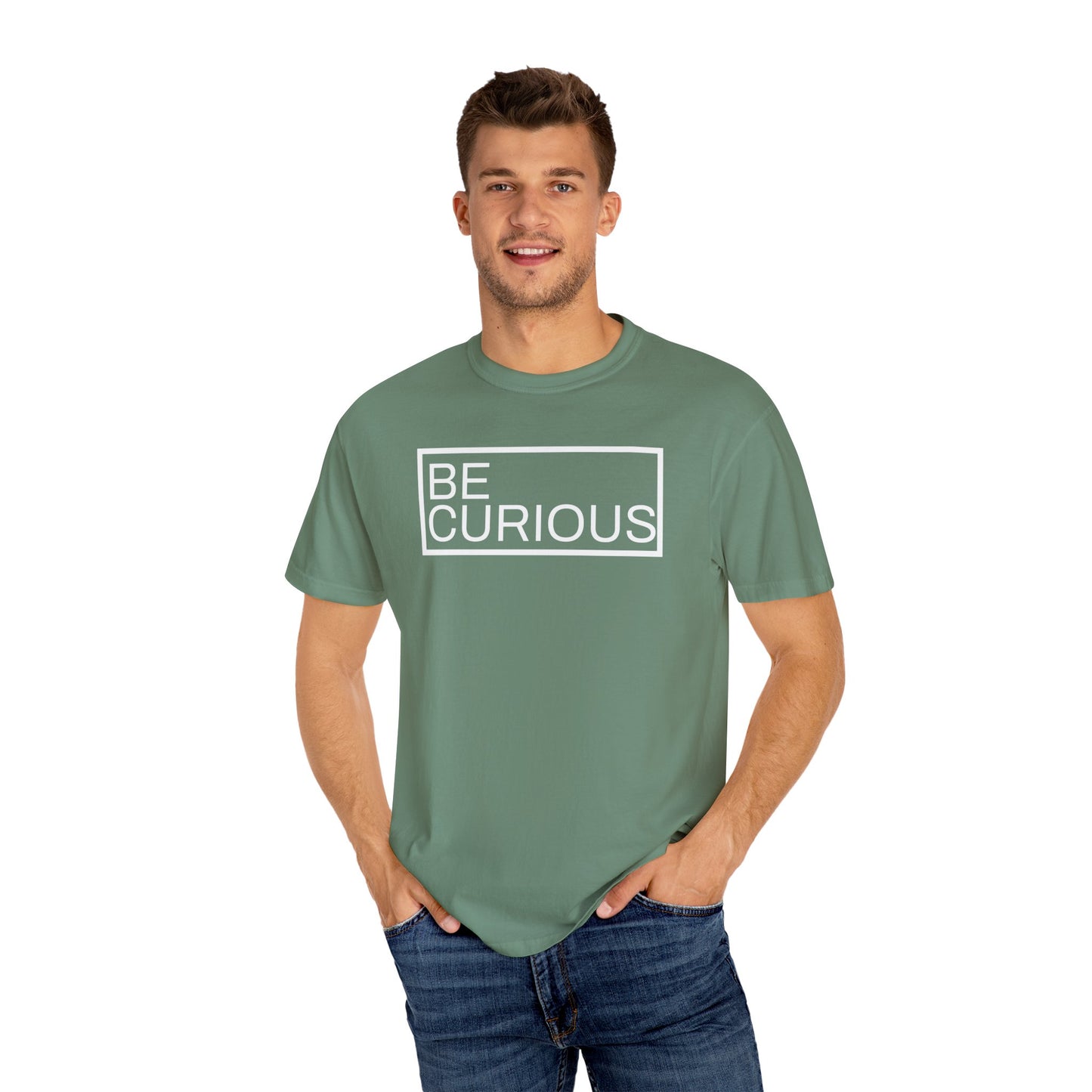 Be Curious Box with small Acton Academy Summerville on back Unisex Garment-Dyed T-shirt