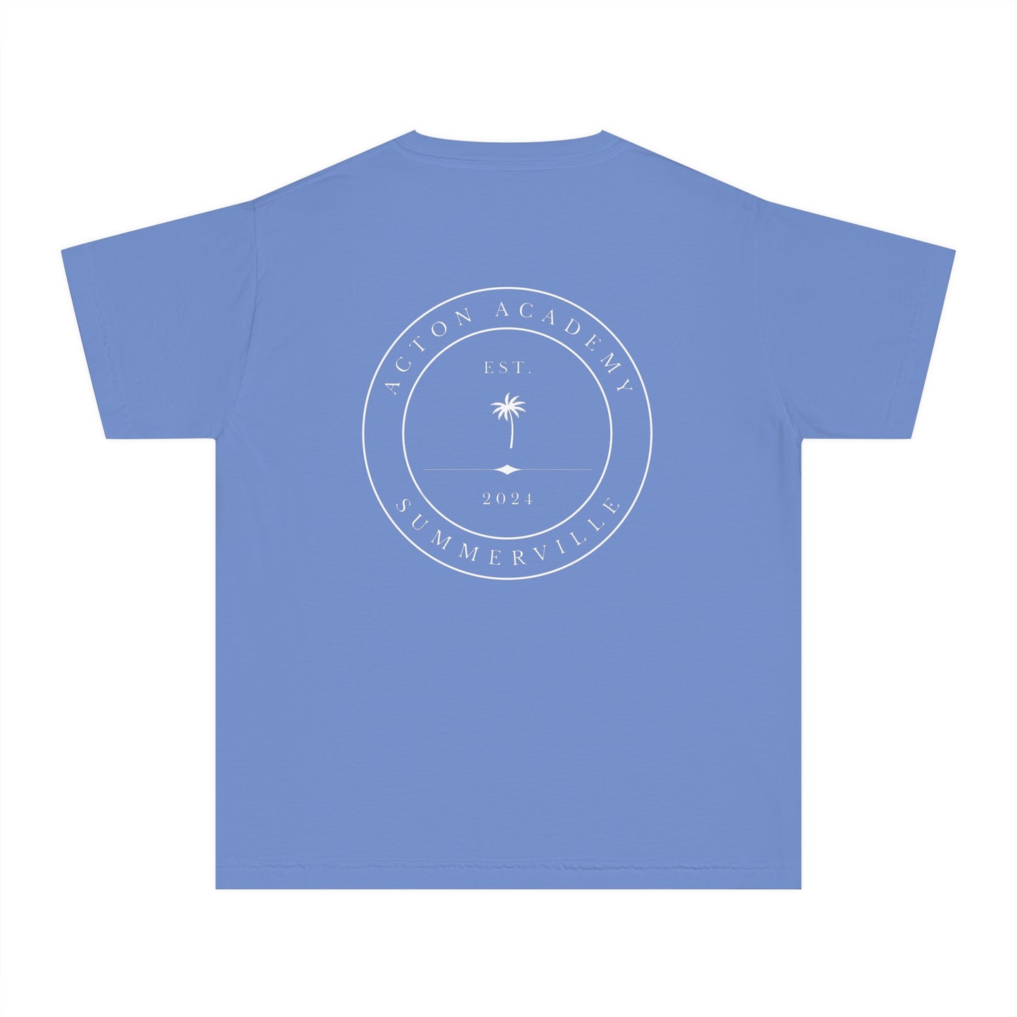 Be Curious Box with Acton Academy Summerville on back Youth Midweight Tee