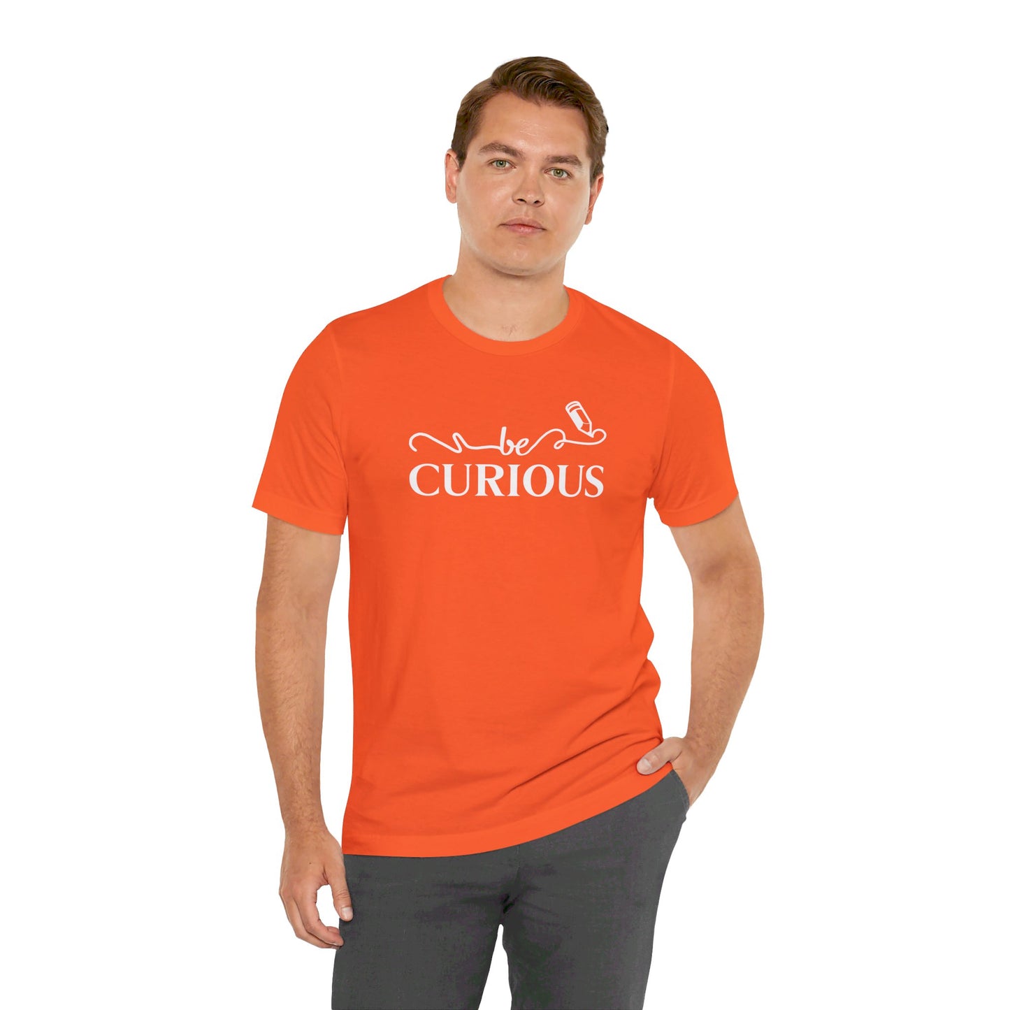 Be Curious with Lighthouse International logo on back Unisex Jersey Short Sleeve Tee