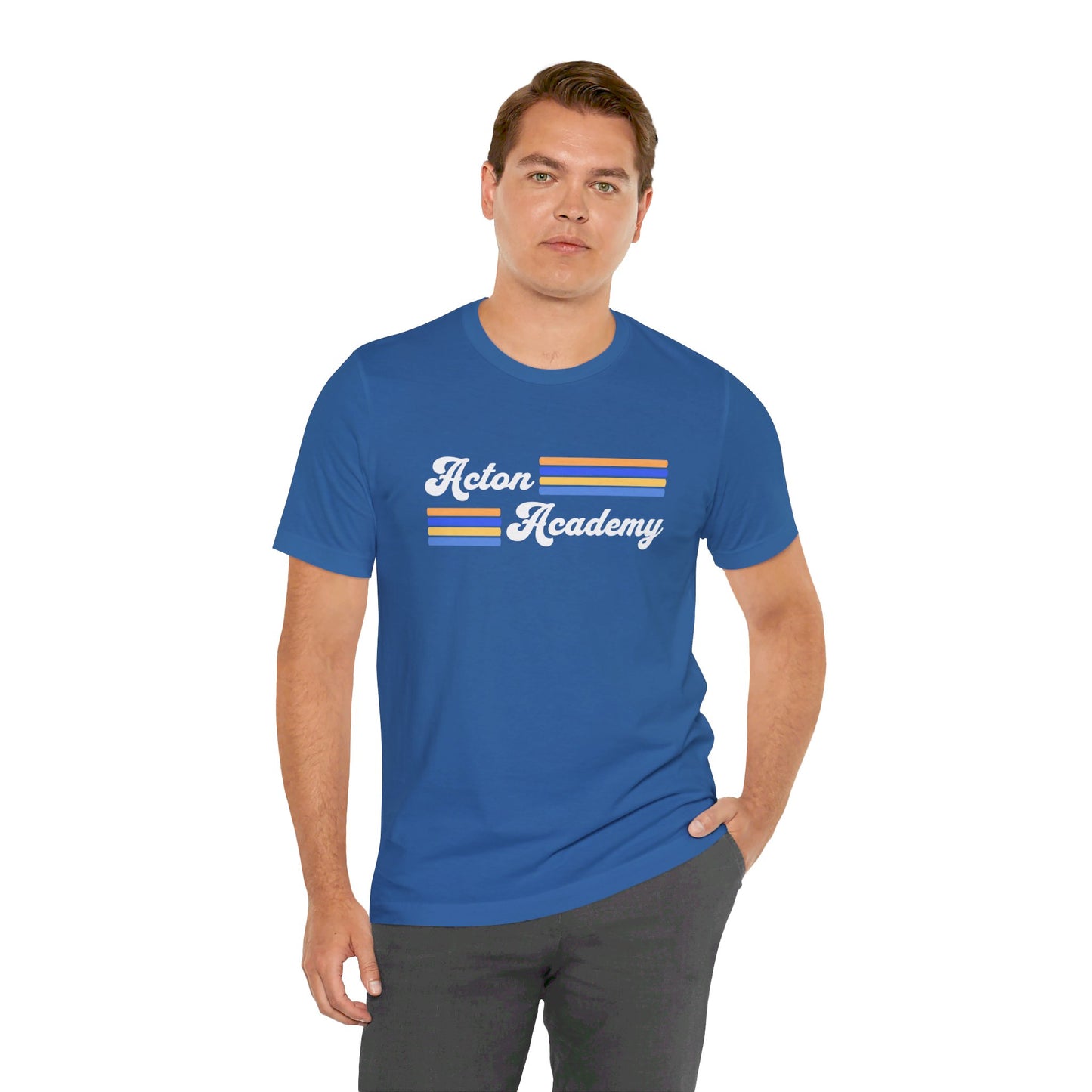 Acton Academy Blue Striped w/ NW Indy on back Unisex Jersey Short Sleeve T-shirt