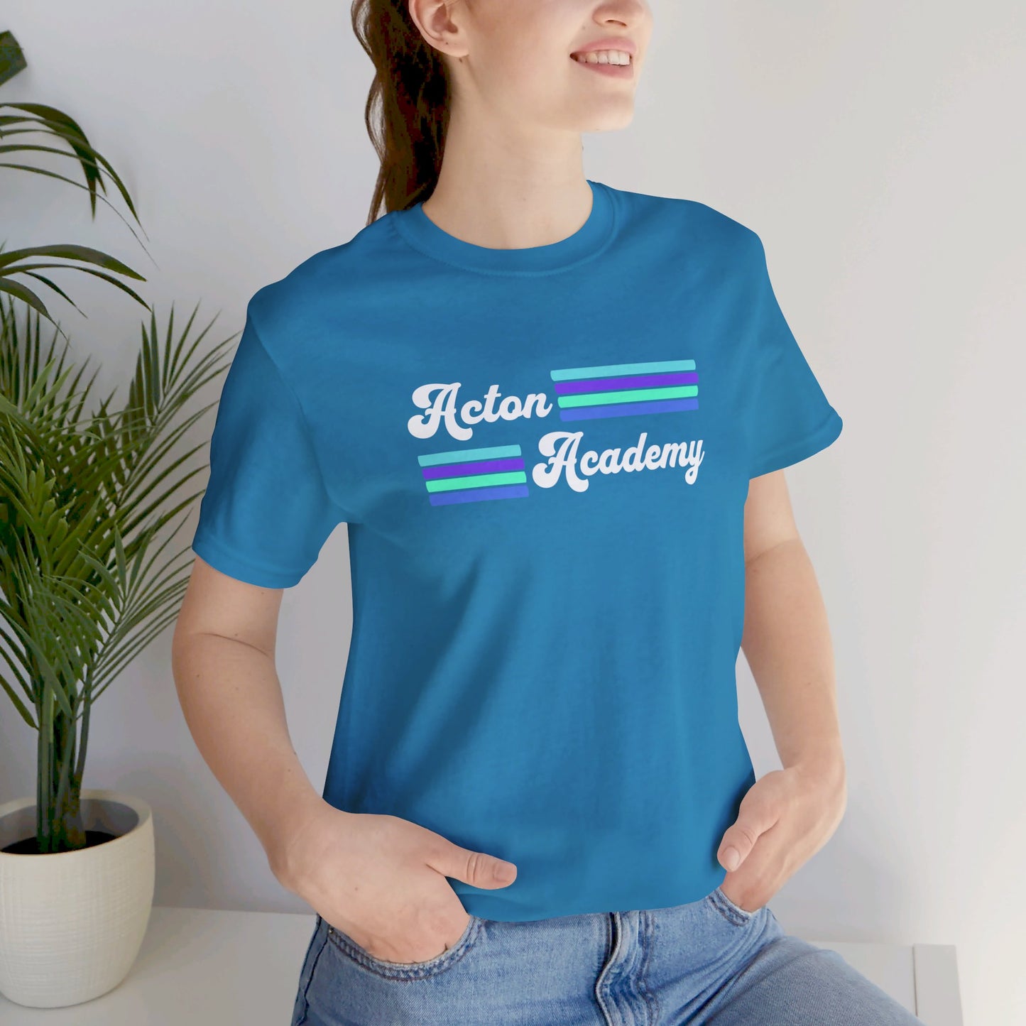 Acton Academy Aqua Striped with Ivy Greene on back Unisex Jersey Short Sleeve Tee
