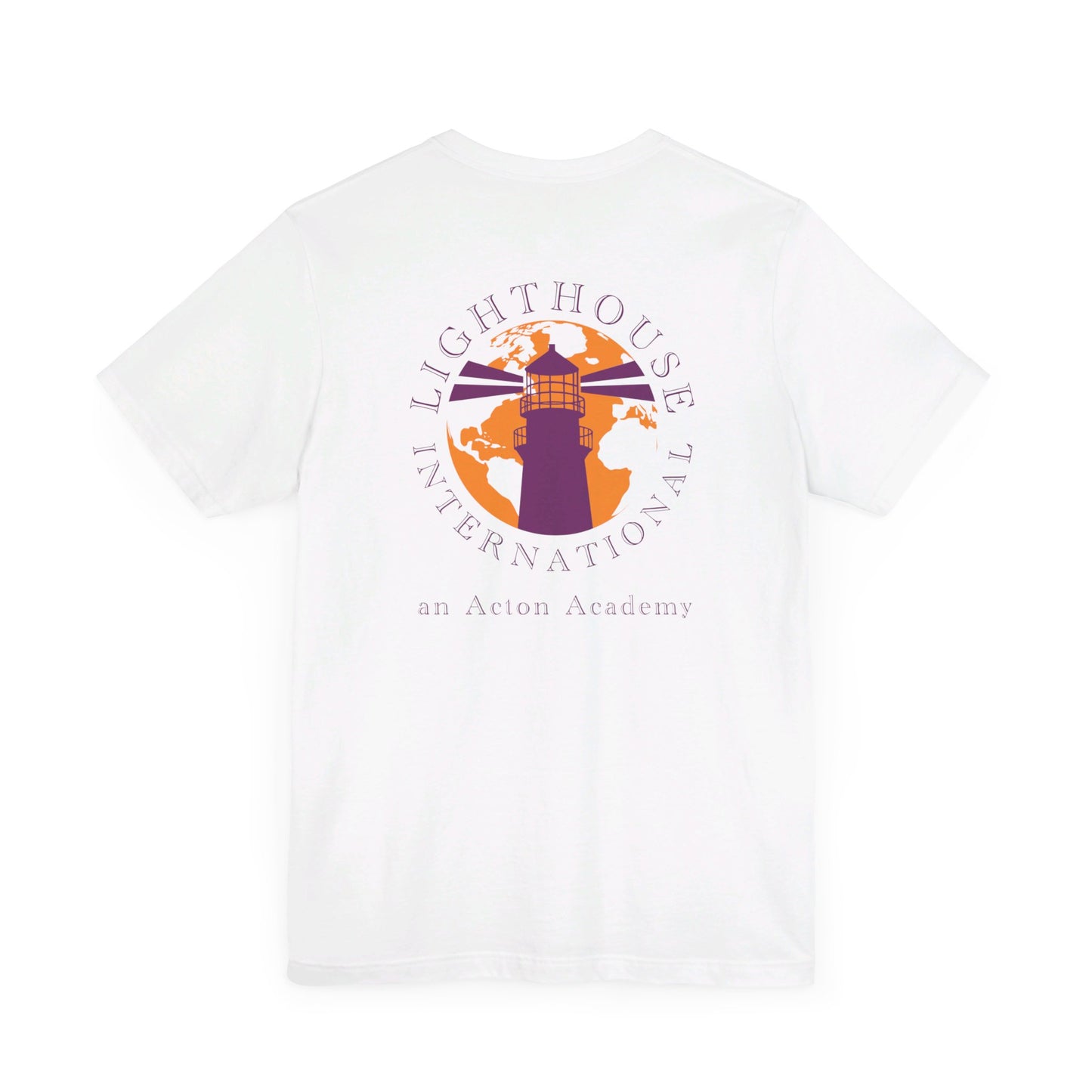 Be Curious simple w/ Lighthouse International on back Unisex Jersey Short Sleeve Tee