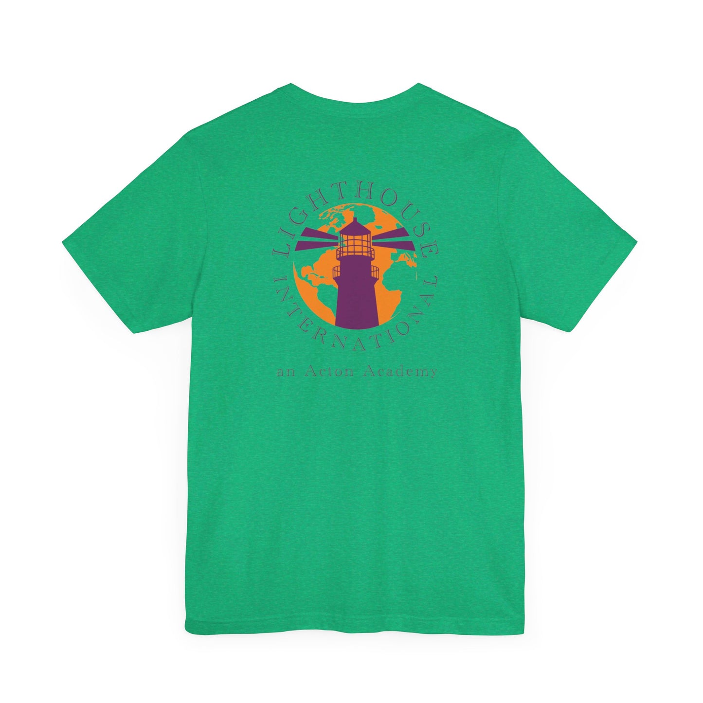 Be Curious with Lighthouse International logo on back Unisex Jersey Short Sleeve Tee
