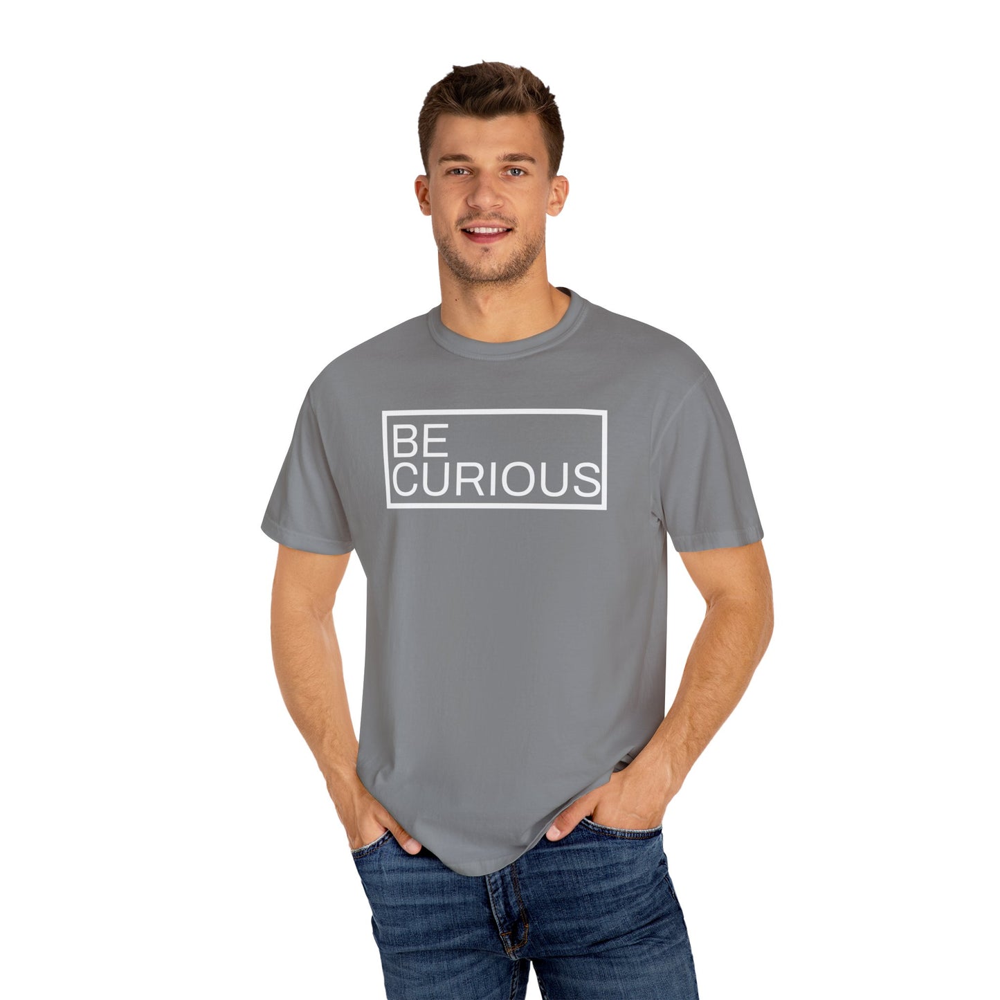 Be Curious Box with small Acton Academy Summerville on back Unisex Garment-Dyed T-shirt