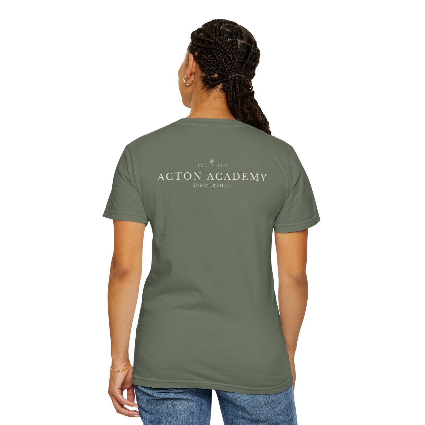 Be Curious Box with small Acton Academy Summerville on back Unisex Garment-Dyed T-shirt