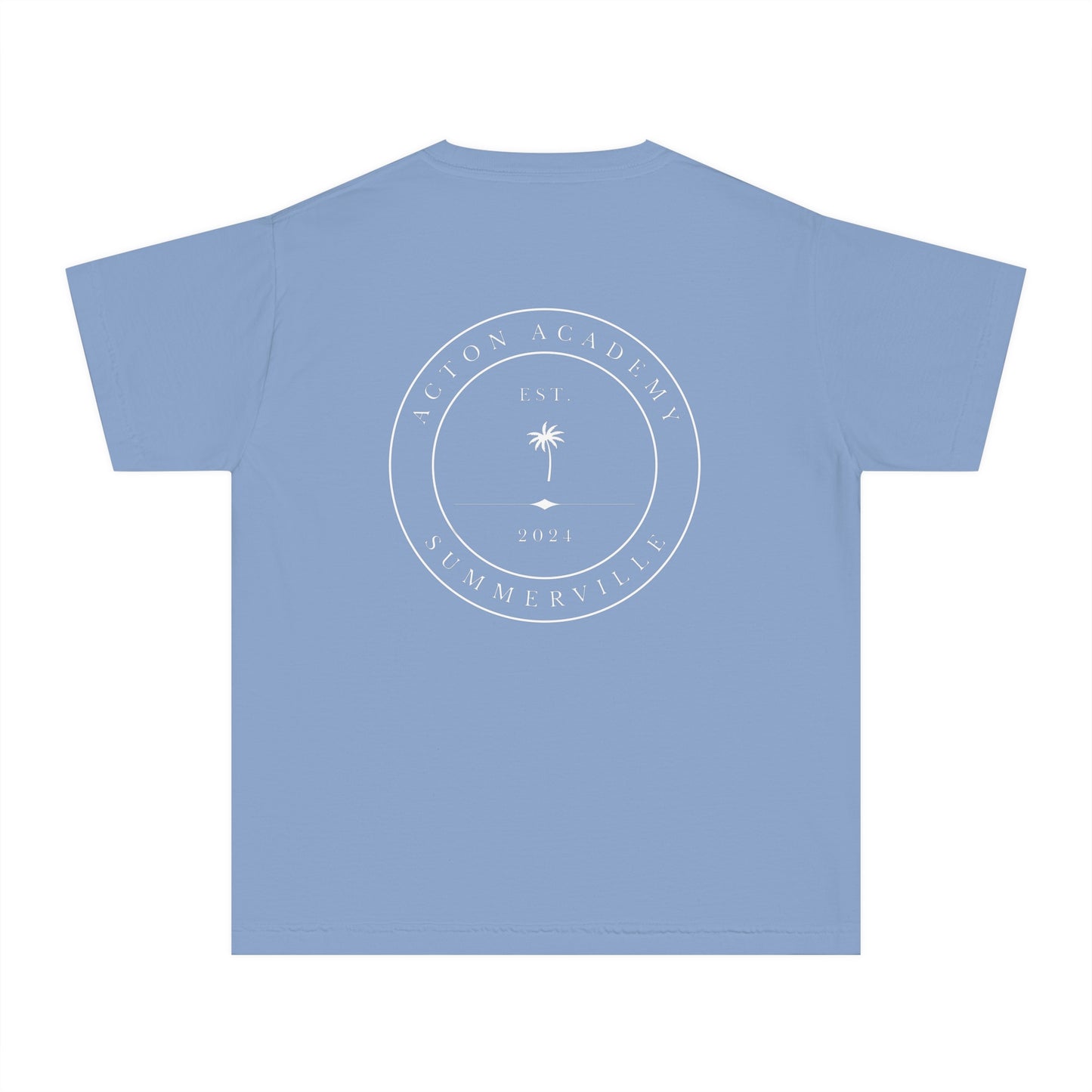 Be Curious Box with Acton Academy Summerville on back Youth Midweight Tee