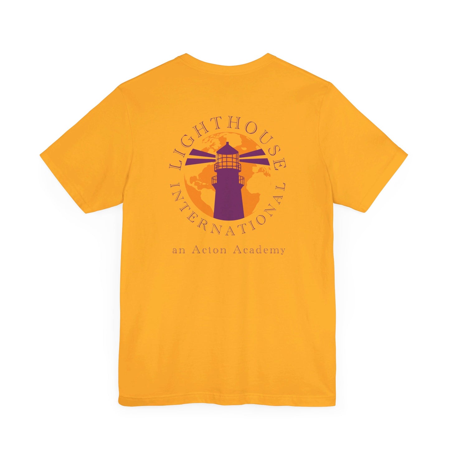 Be Curious simple w/ Lighthouse International on back Unisex Jersey Short Sleeve Tee