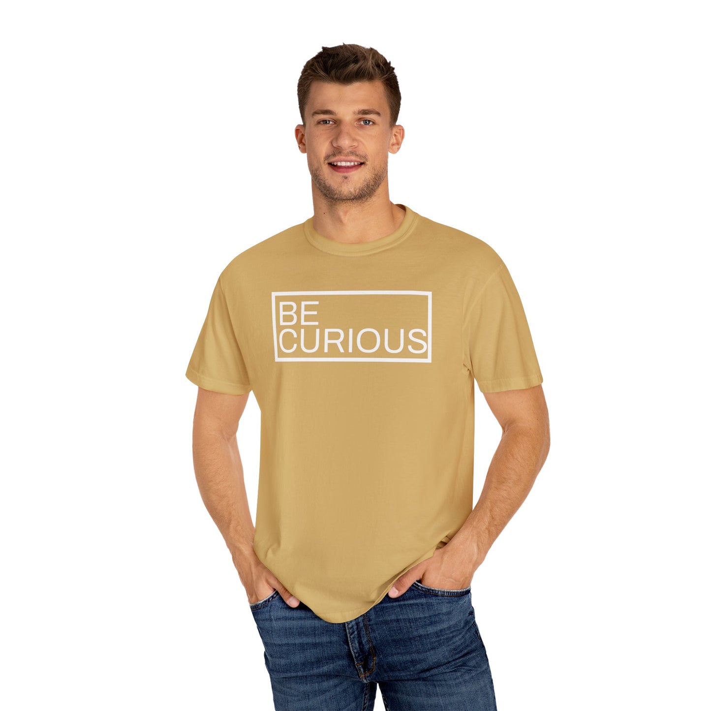 Be Curious Box with small Acton Academy Summerville on back Unisex Garment-Dyed T-shirt