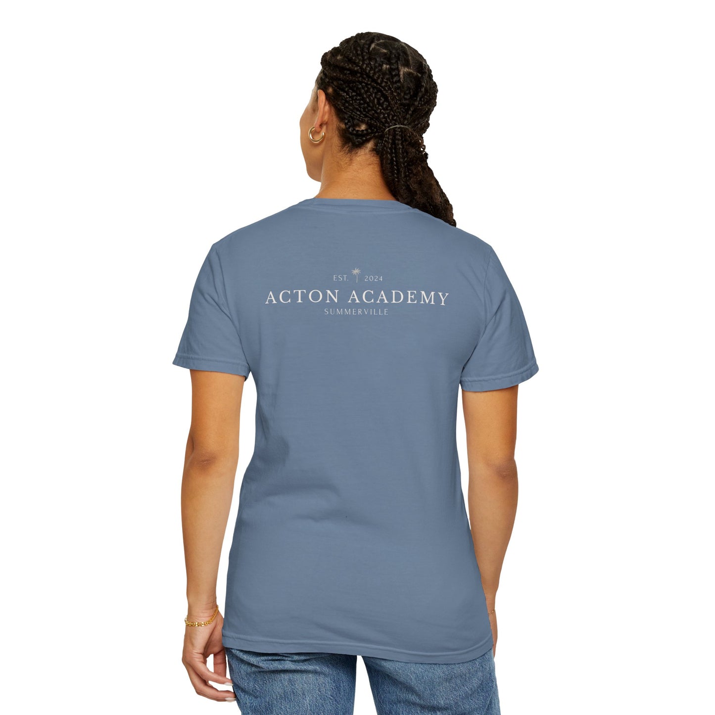 Be Curious Box with small Acton Academy Summerville on back Unisex Garment-Dyed T-shirt