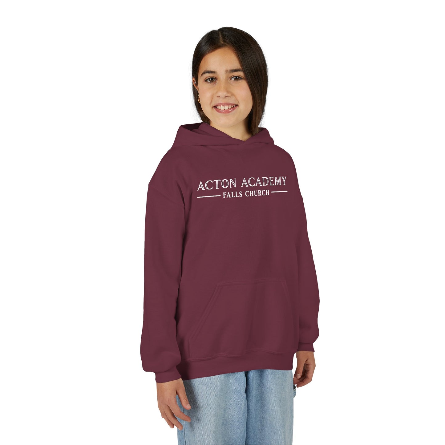 Acton Academy Falls Church White Logo Youth Hooded Sweatshirt
