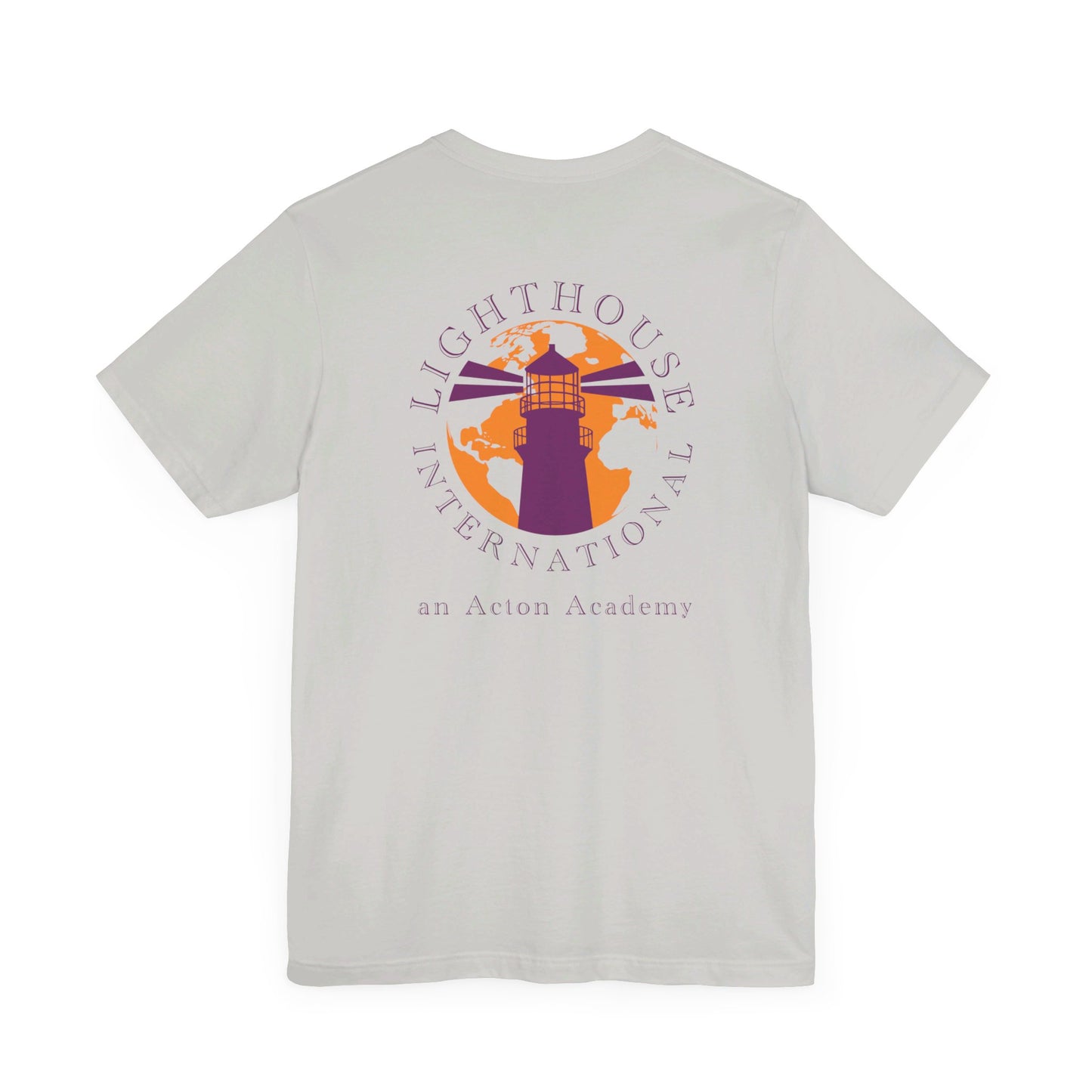 Be Curious simple w/ Lighthouse International on back Unisex Jersey Short Sleeve Tee