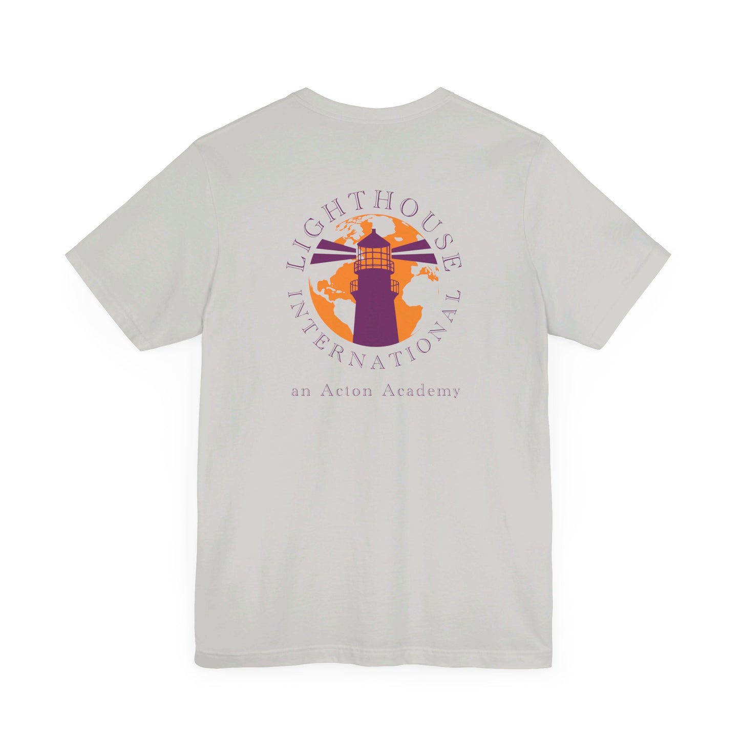 Be Curious with Lighthouse International logo on back Unisex Jersey Short Sleeve Tee