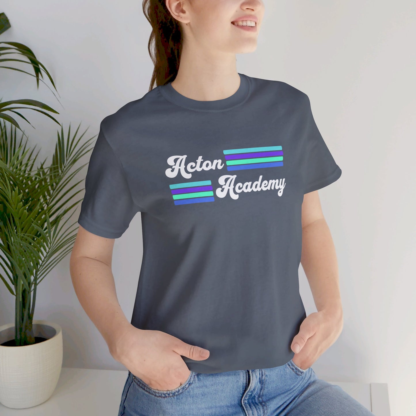 Acton Academy Aqua Striped with Ivy Greene on back Unisex Jersey Short Sleeve Tee
