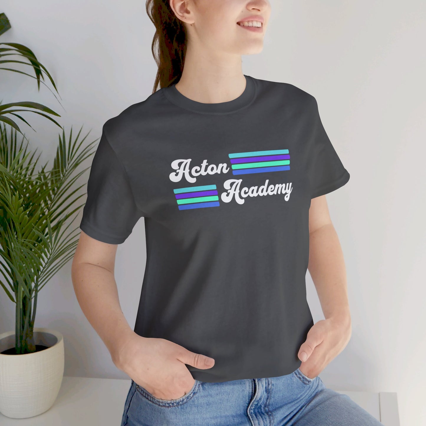 Acton Academy Aqua Striped with Ivy Greene on back Unisex Jersey Short Sleeve Tee