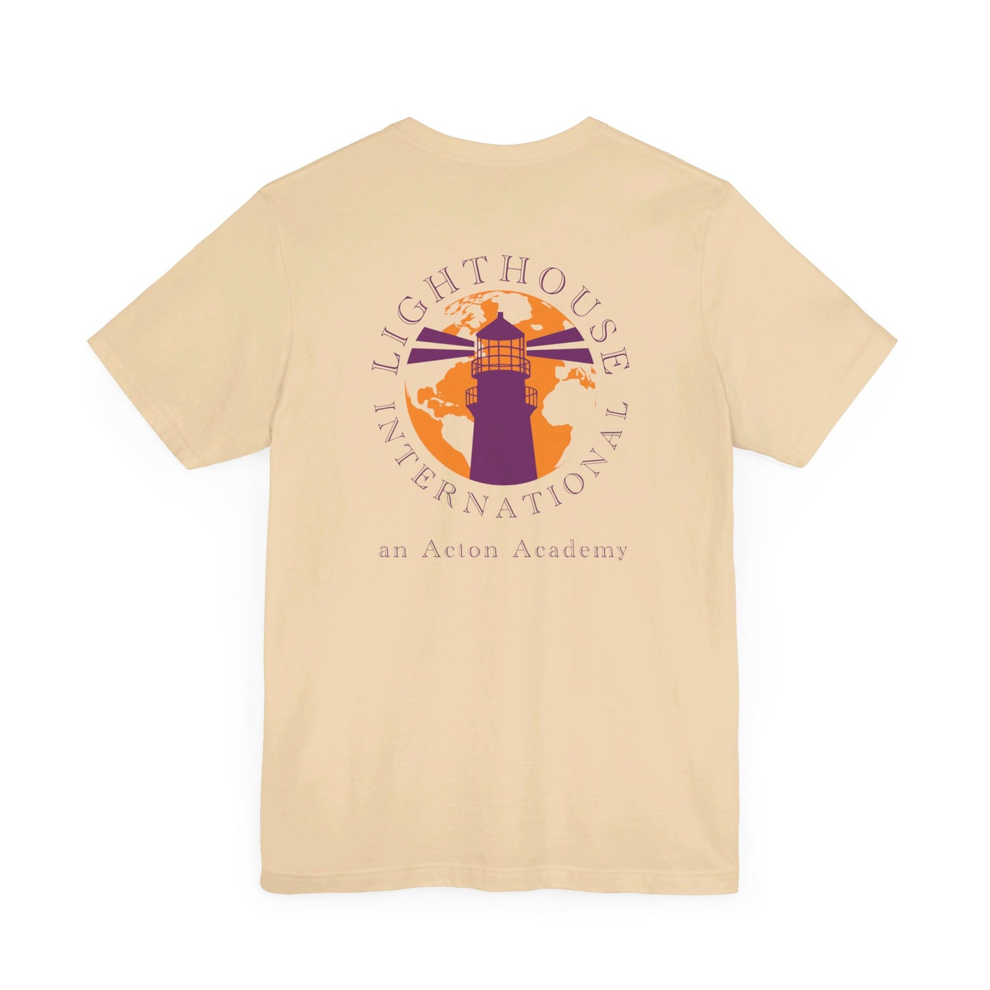 Be Curious simple w/ Lighthouse International on back Unisex Jersey Short Sleeve Tee