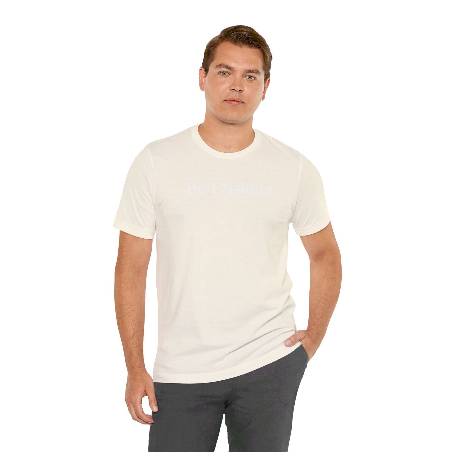 Be Curious simple w/ Lighthouse International on back Unisex Jersey Short Sleeve Tee