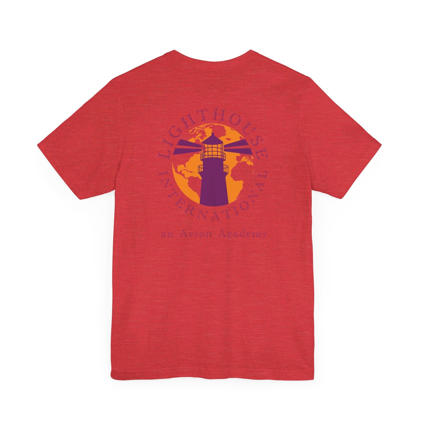 Be Curious simple w/ Lighthouse International on back Unisex Jersey Short Sleeve Tee