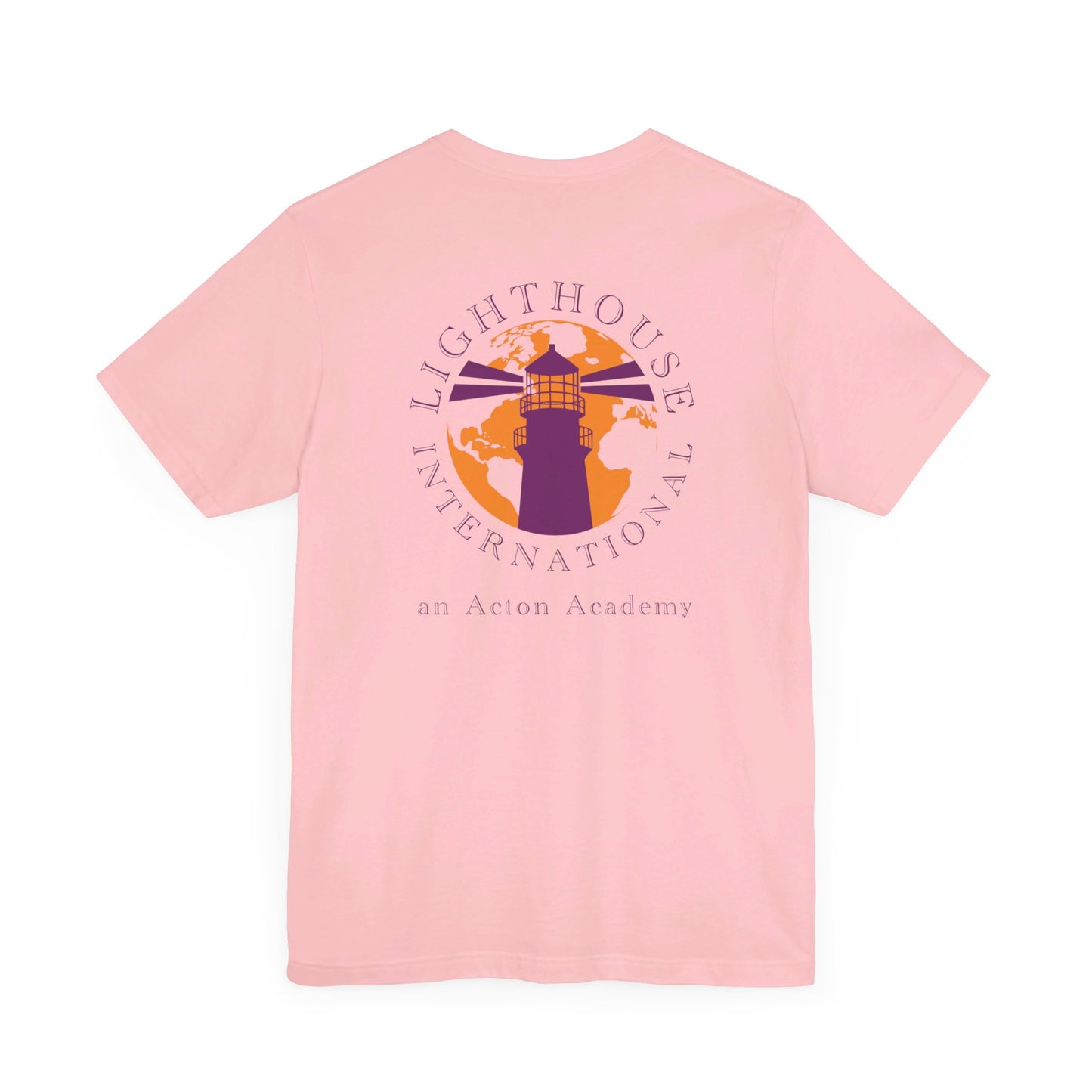 Be Curious simple w/ Lighthouse International on back Unisex Jersey Short Sleeve Tee