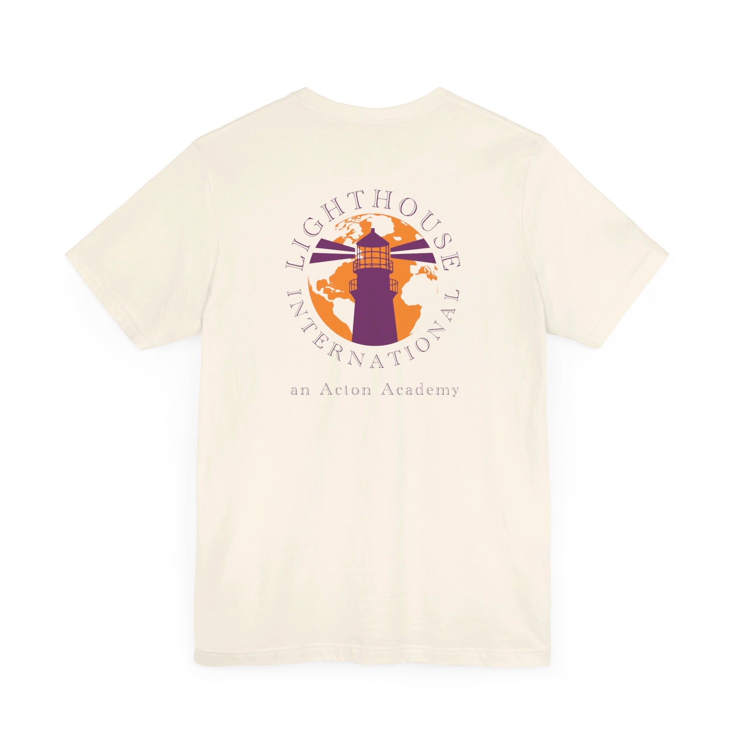 Be Curious with Lighthouse International logo on back Unisex Jersey Short Sleeve Tee