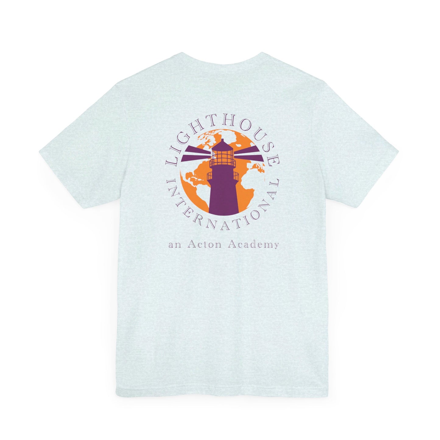 Be Curious simple w/ Lighthouse International on back Unisex Jersey Short Sleeve Tee