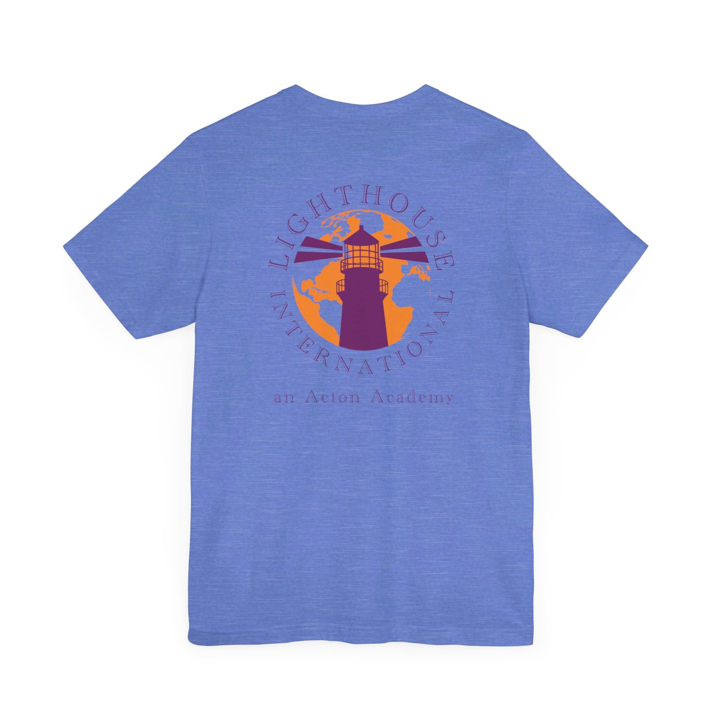 Be Curious simple w/ Lighthouse International on back Unisex Jersey Short Sleeve Tee