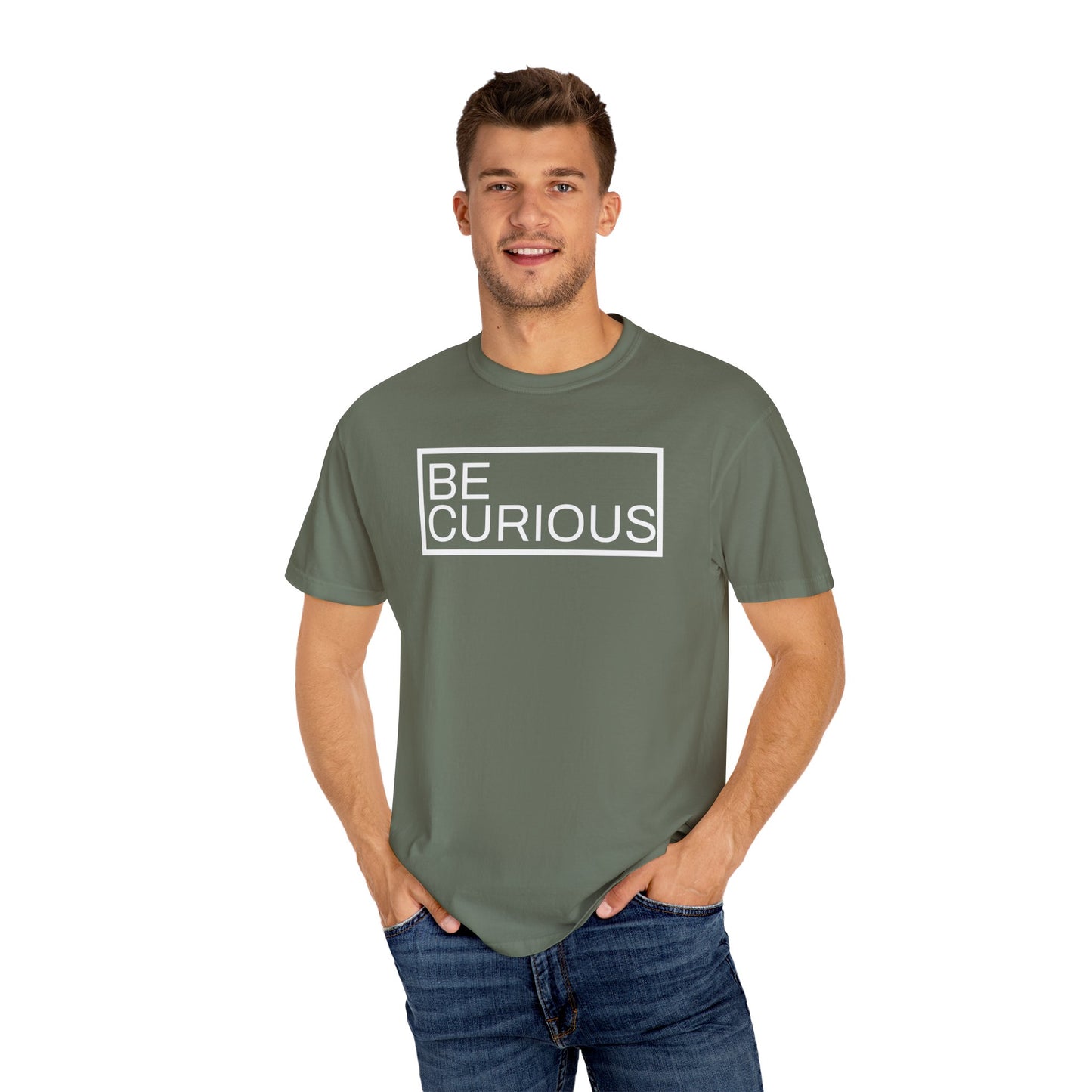 Be Curious Box with small Acton Academy Summerville on back Unisex Garment-Dyed T-shirt
