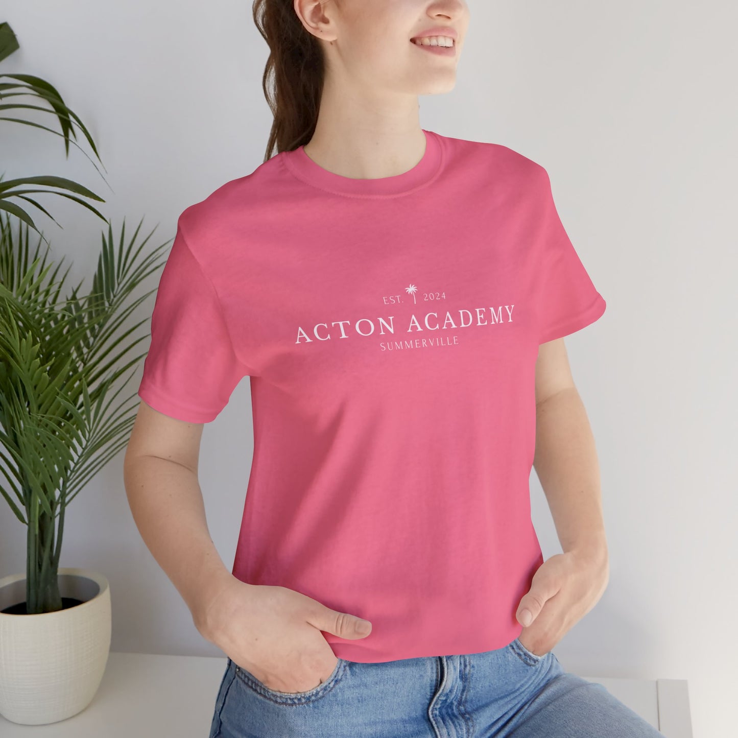 Be Curious box with Acton Academy Summerville on back Unisex Jersey Short Sleeve Tee