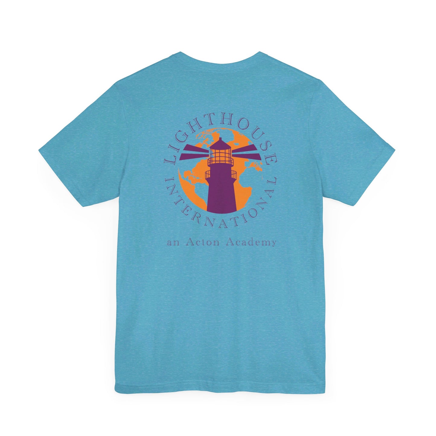 Be Curious simple w/ Lighthouse International on back Unisex Jersey Short Sleeve Tee