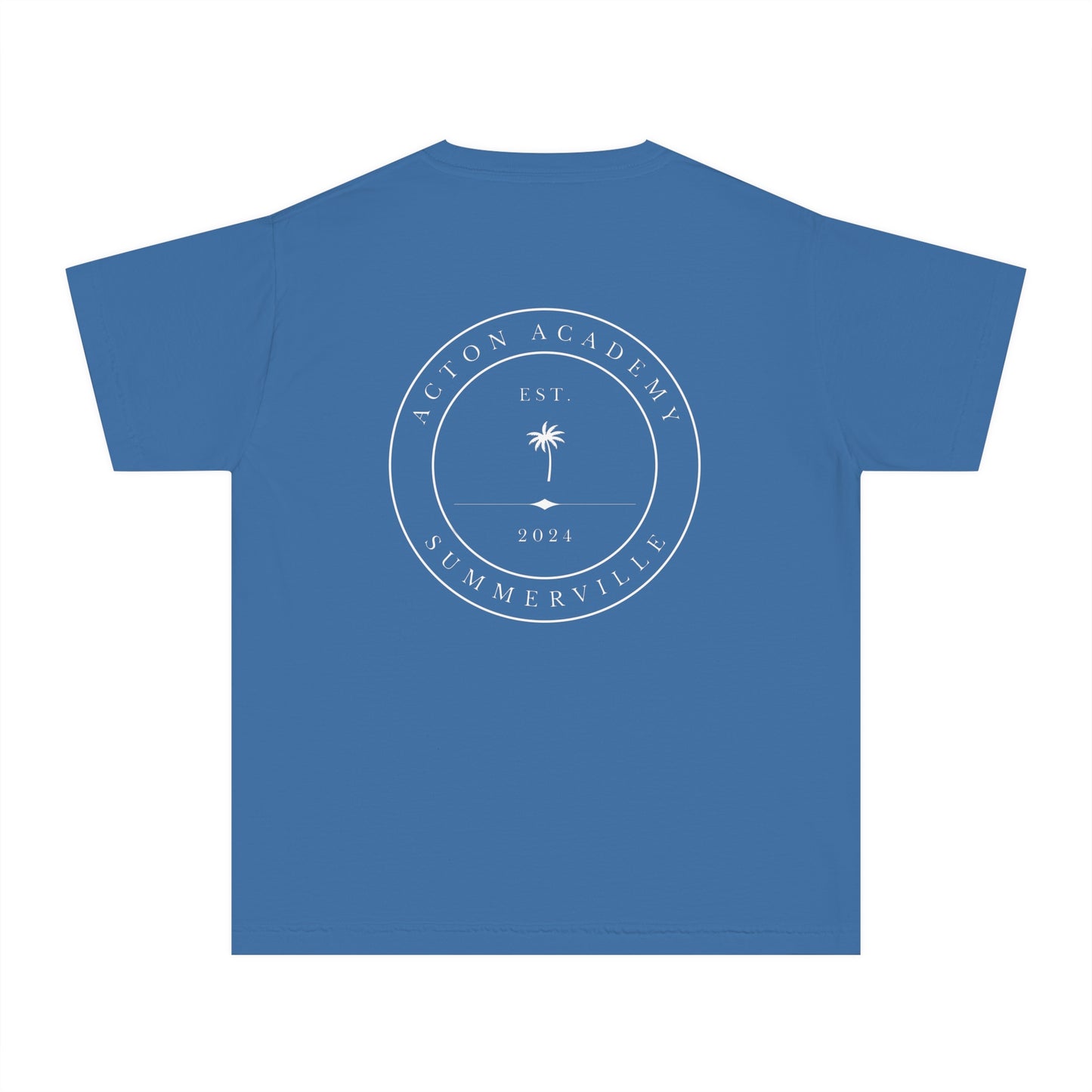 Be Curious Box with Acton Academy Summerville on back Youth Midweight Tee