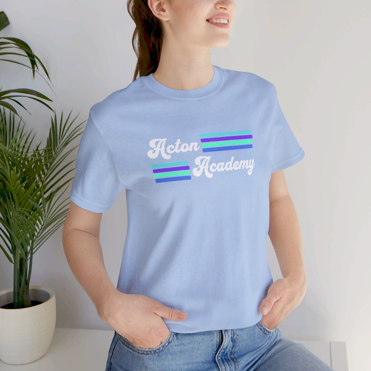 Acton Academy Aqua Striped with Ivy Greene on back Unisex Jersey Short Sleeve Tee