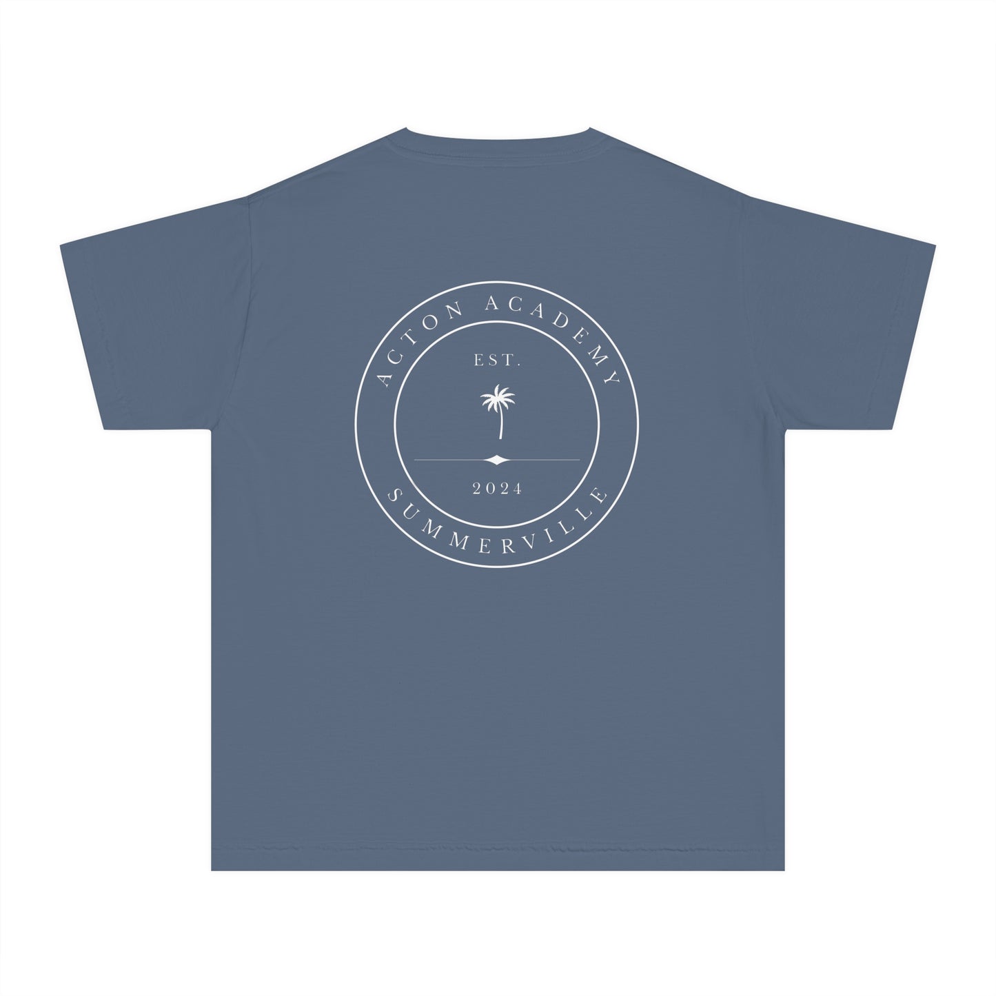 Be Curious Box with Acton Academy Summerville on back Youth Midweight Tee
