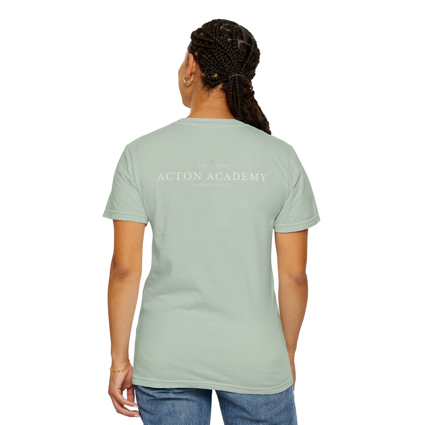 Be Curious Box with small Acton Academy Summerville on back Unisex Garment-Dyed T-shirt
