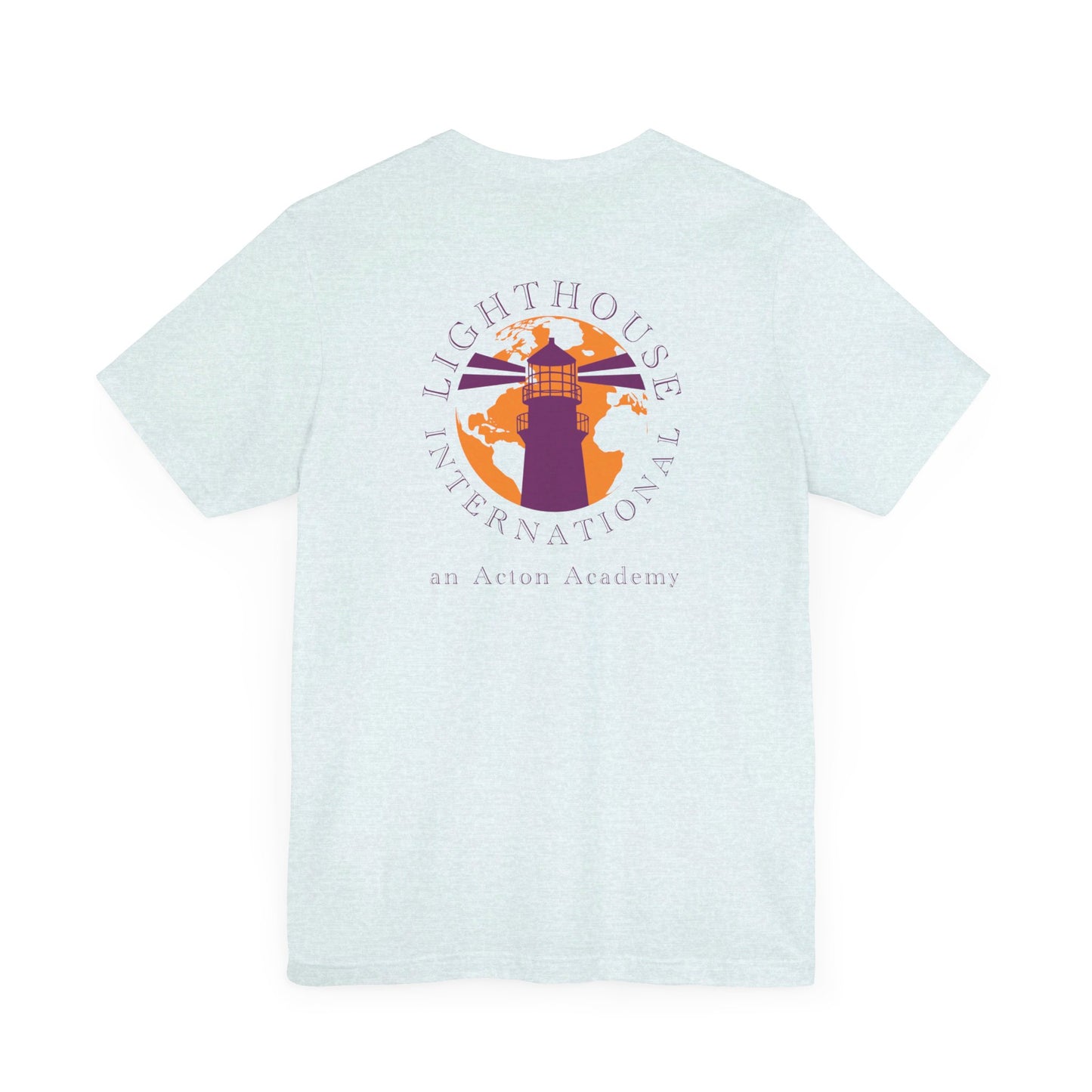 Be Curious with Lighthouse International logo on back Unisex Jersey Short Sleeve Tee