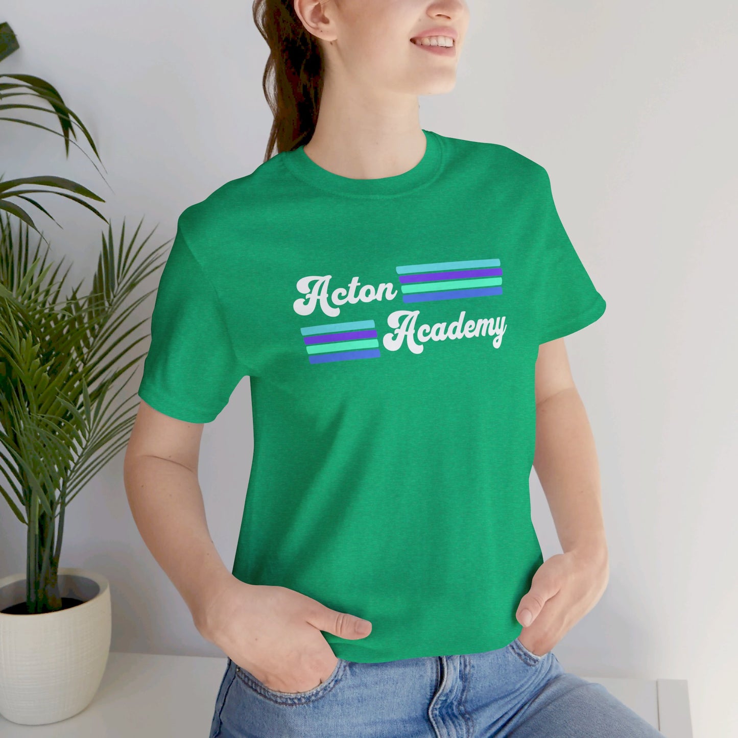 Acton Academy Aqua Striped with Ivy Greene on back Unisex Jersey Short Sleeve Tee