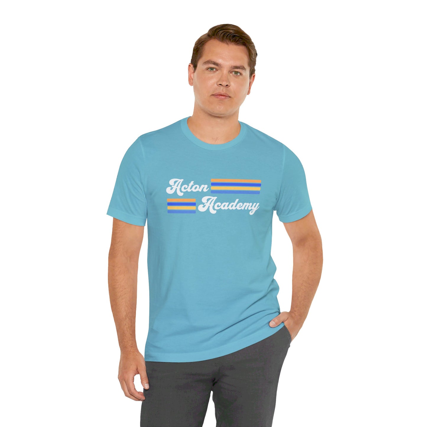 Acton Academy Blue Striped w/ NW Indy on back Unisex Jersey Short Sleeve T-shirt