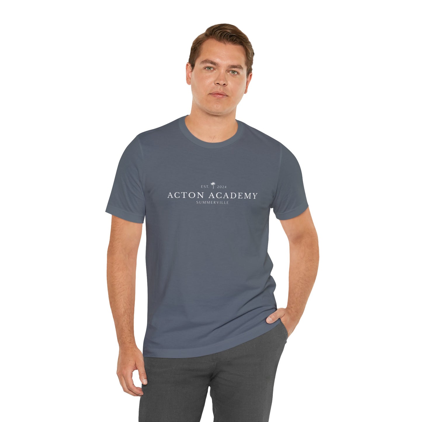 Be Curious box with Acton Academy Summerville on back Unisex Jersey Short Sleeve Tee