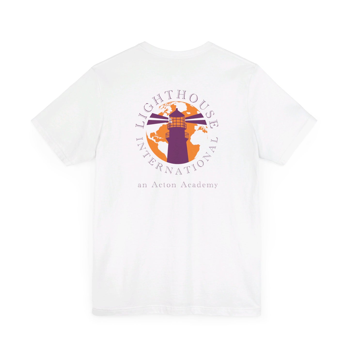 Be Curious with Lighthouse International logo on back Unisex Jersey Short Sleeve Tee