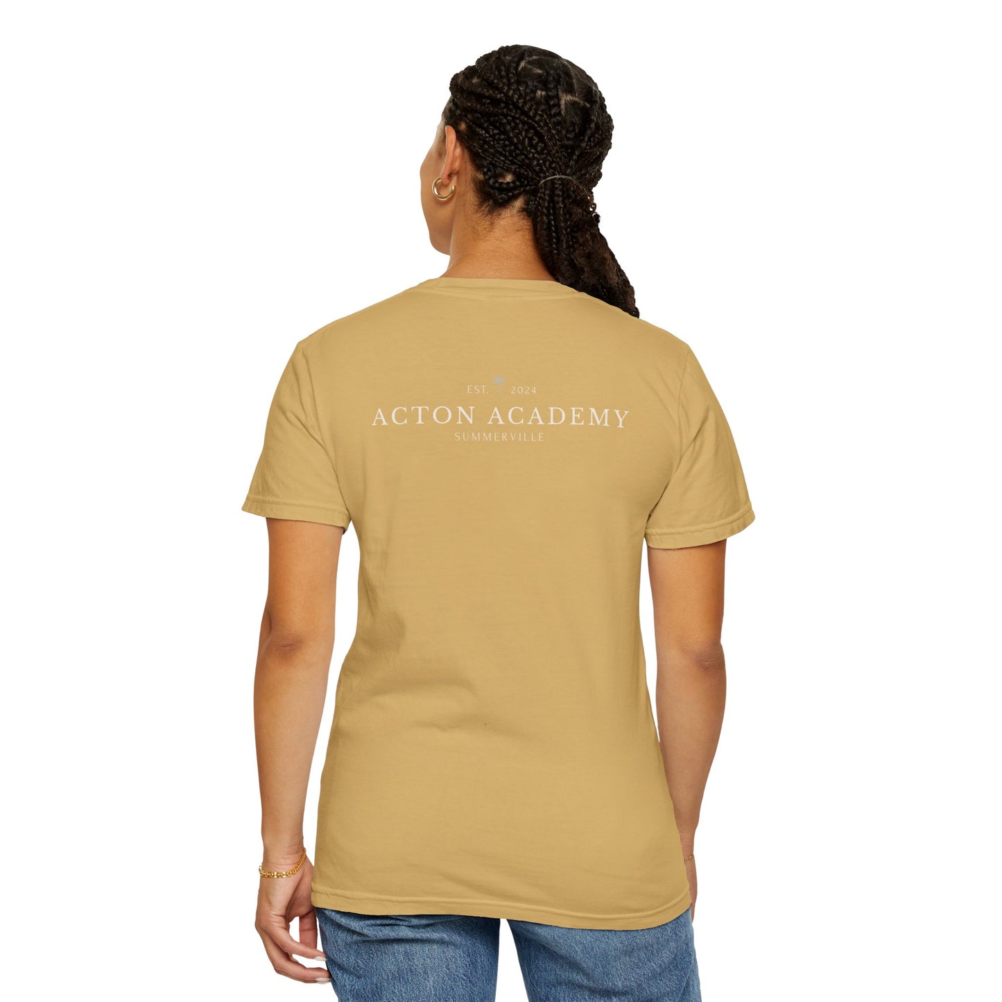 Be Curious Box with small Acton Academy Summerville on back Unisex Garment-Dyed T-shirt