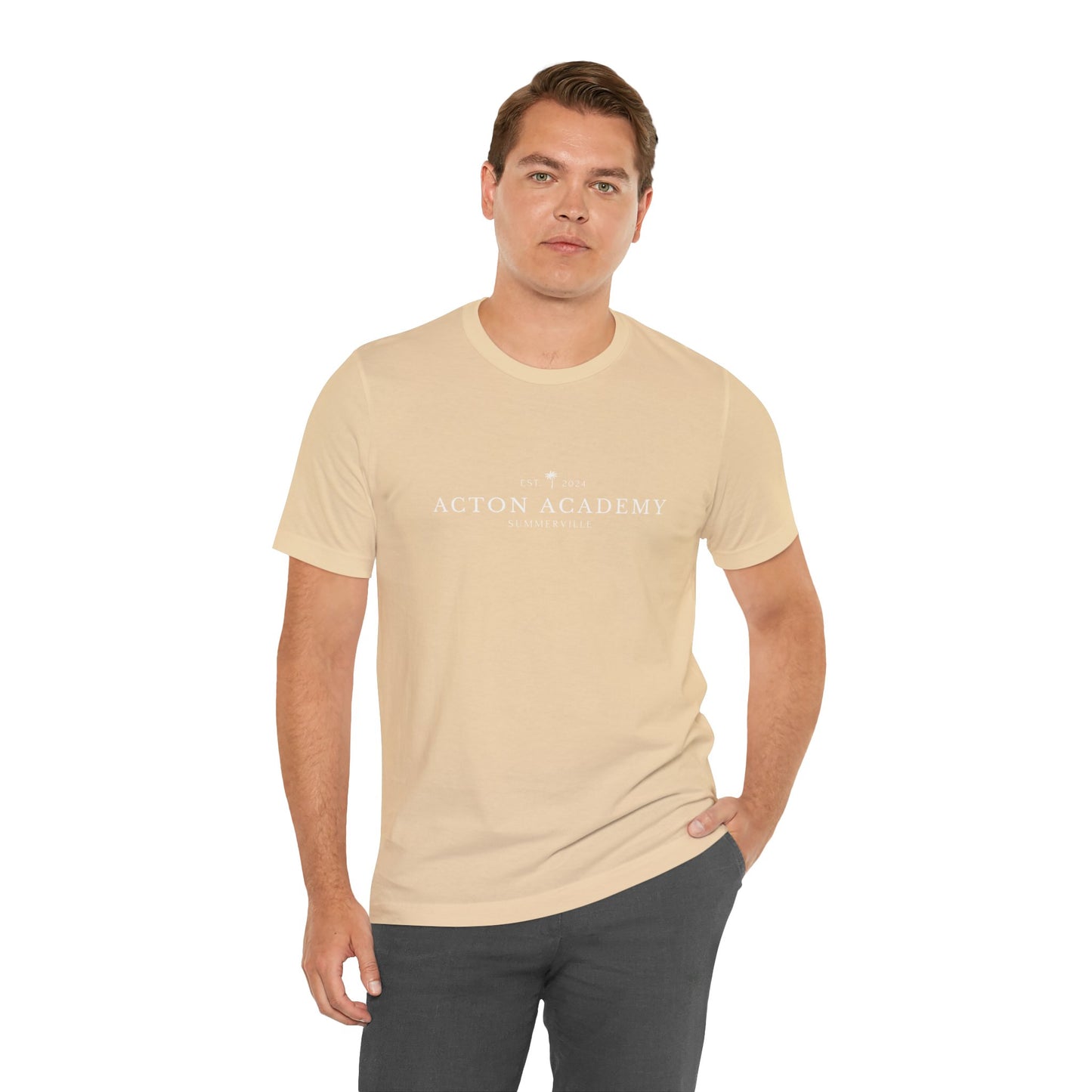 Be Curious box with Acton Academy Summerville on back Unisex Jersey Short Sleeve Tee