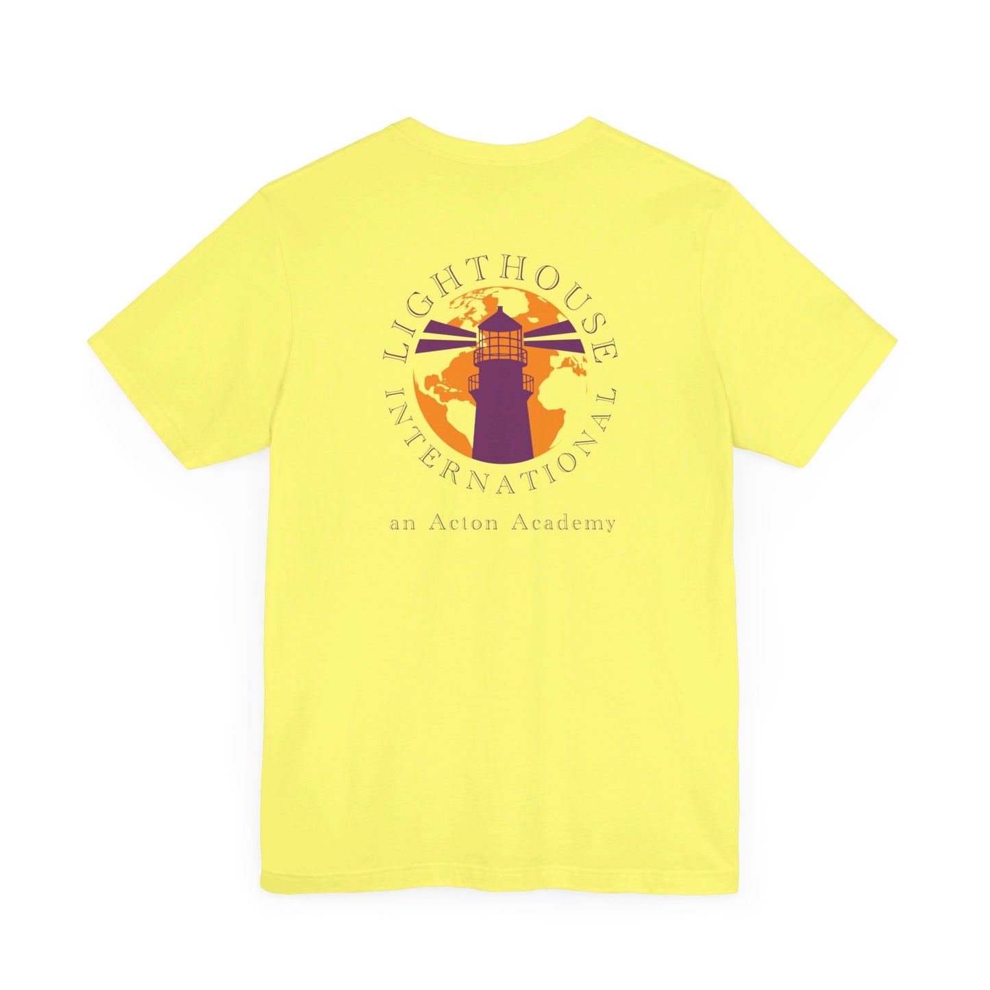 Be Curious with Lighthouse International logo on back Unisex Jersey Short Sleeve Tee