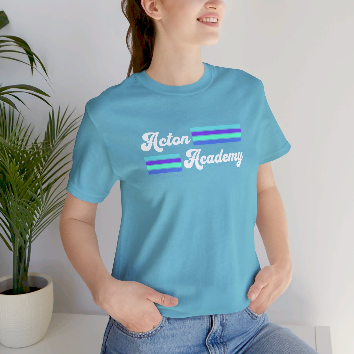 Acton Academy Aqua Striped with Ivy Greene on back Unisex Jersey Short Sleeve Tee