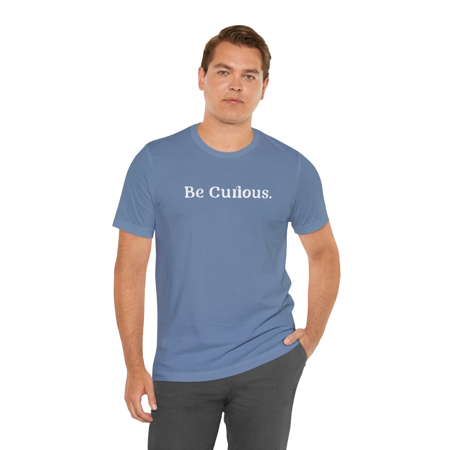 Be Curious with Falls Church on back Plain Unisex Jersey Short Sleeve Tee
