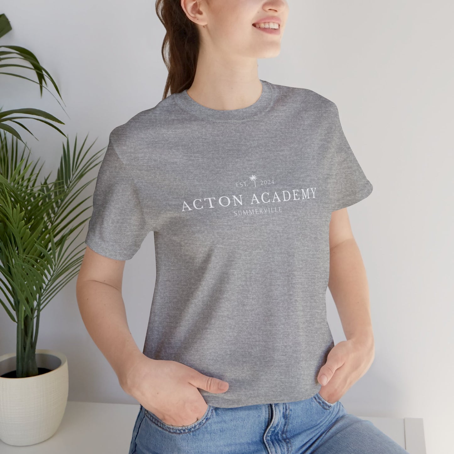 Be Curious box with Acton Academy Summerville on back Unisex Jersey Short Sleeve Tee