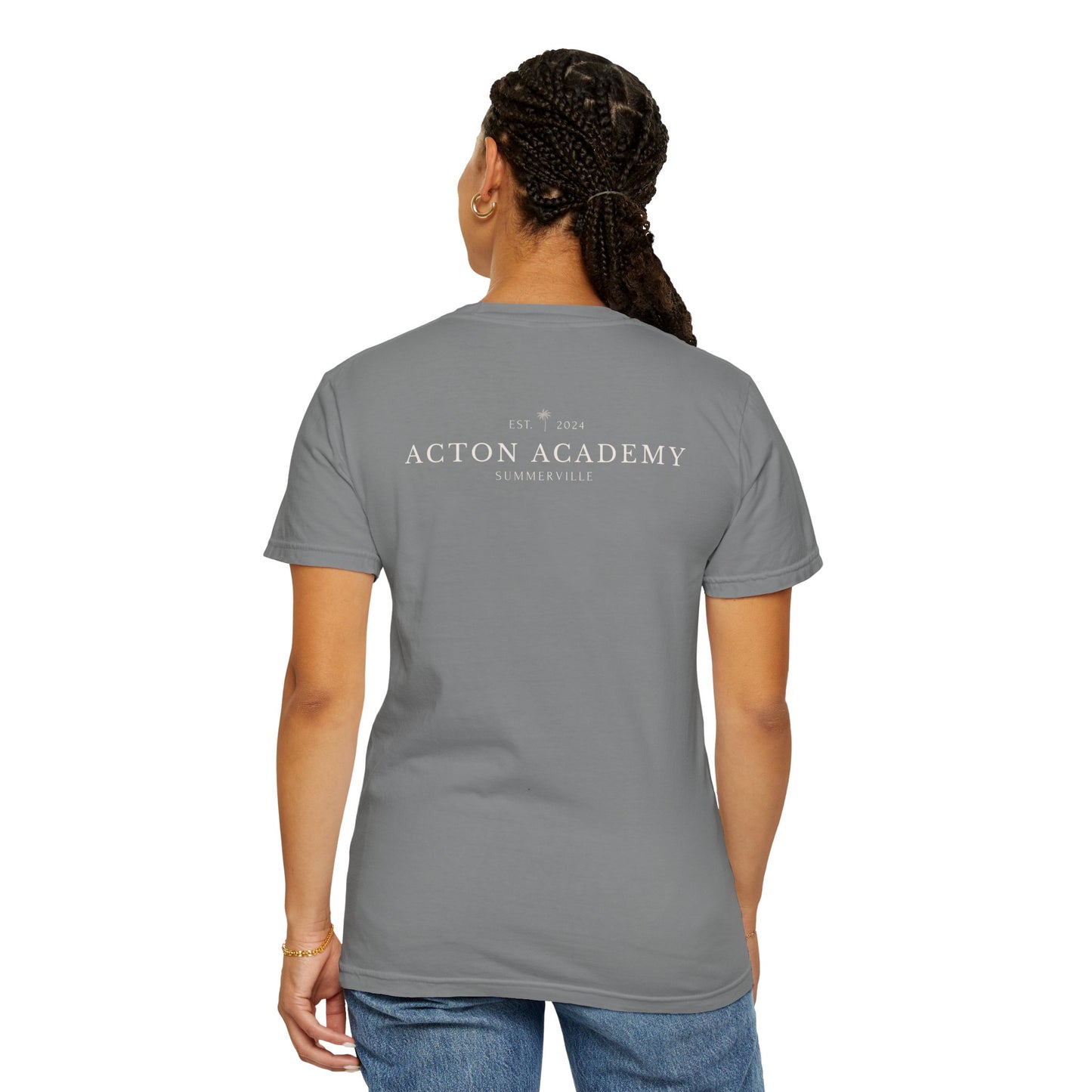 Be Curious Box with small Acton Academy Summerville on back Unisex Garment-Dyed T-shirt