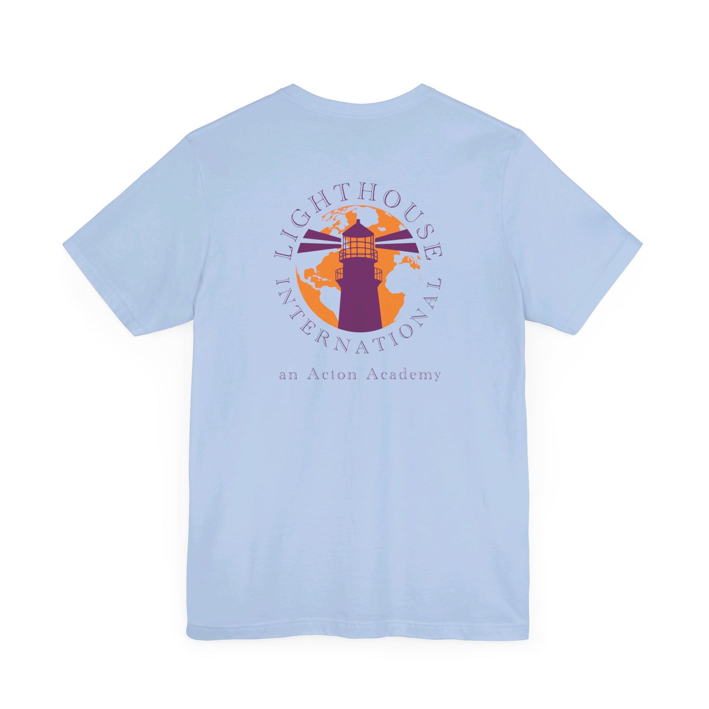 Be Curious with Lighthouse International logo on back Unisex Jersey Short Sleeve Tee