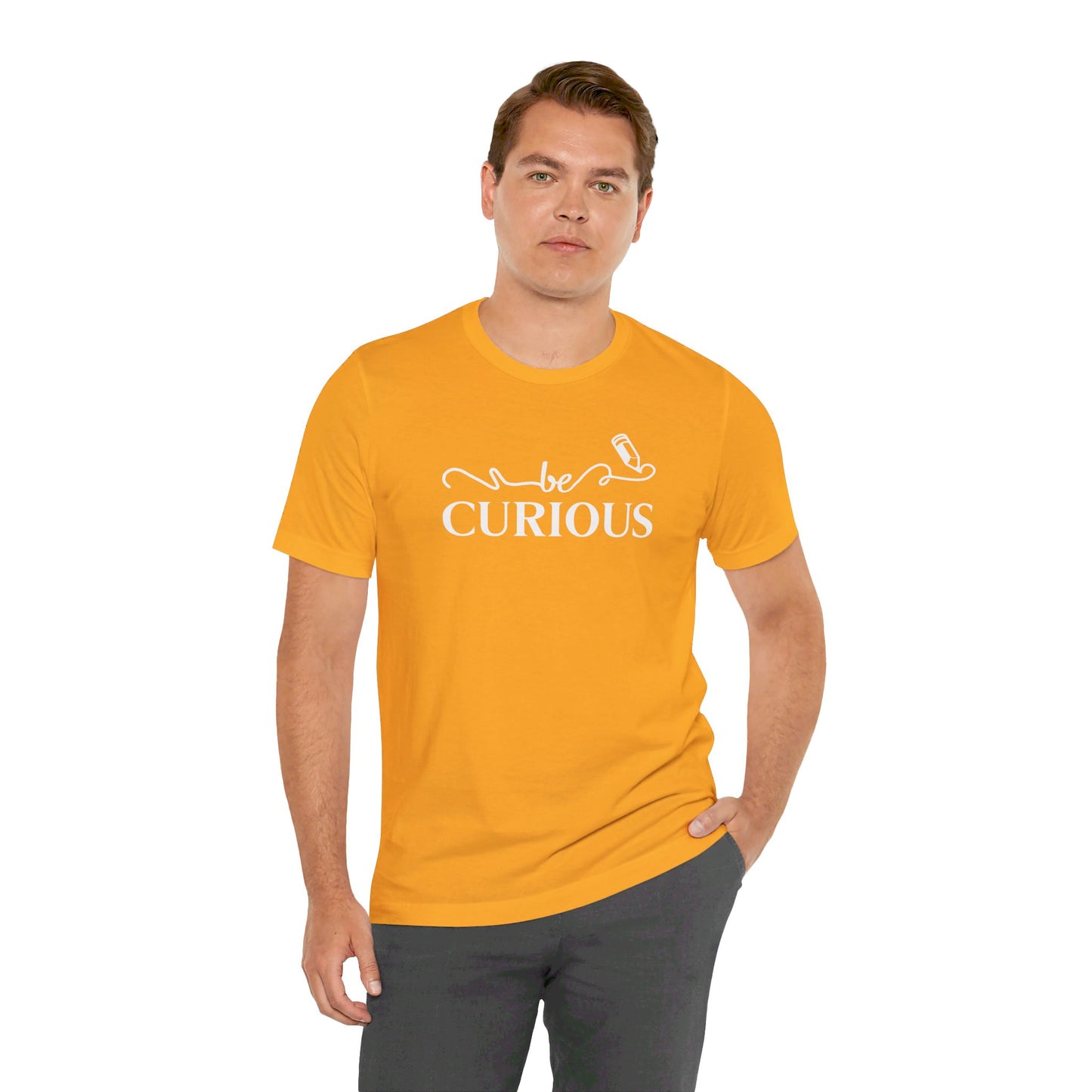 Be Curious with Lighthouse International logo on back Unisex Jersey Short Sleeve Tee