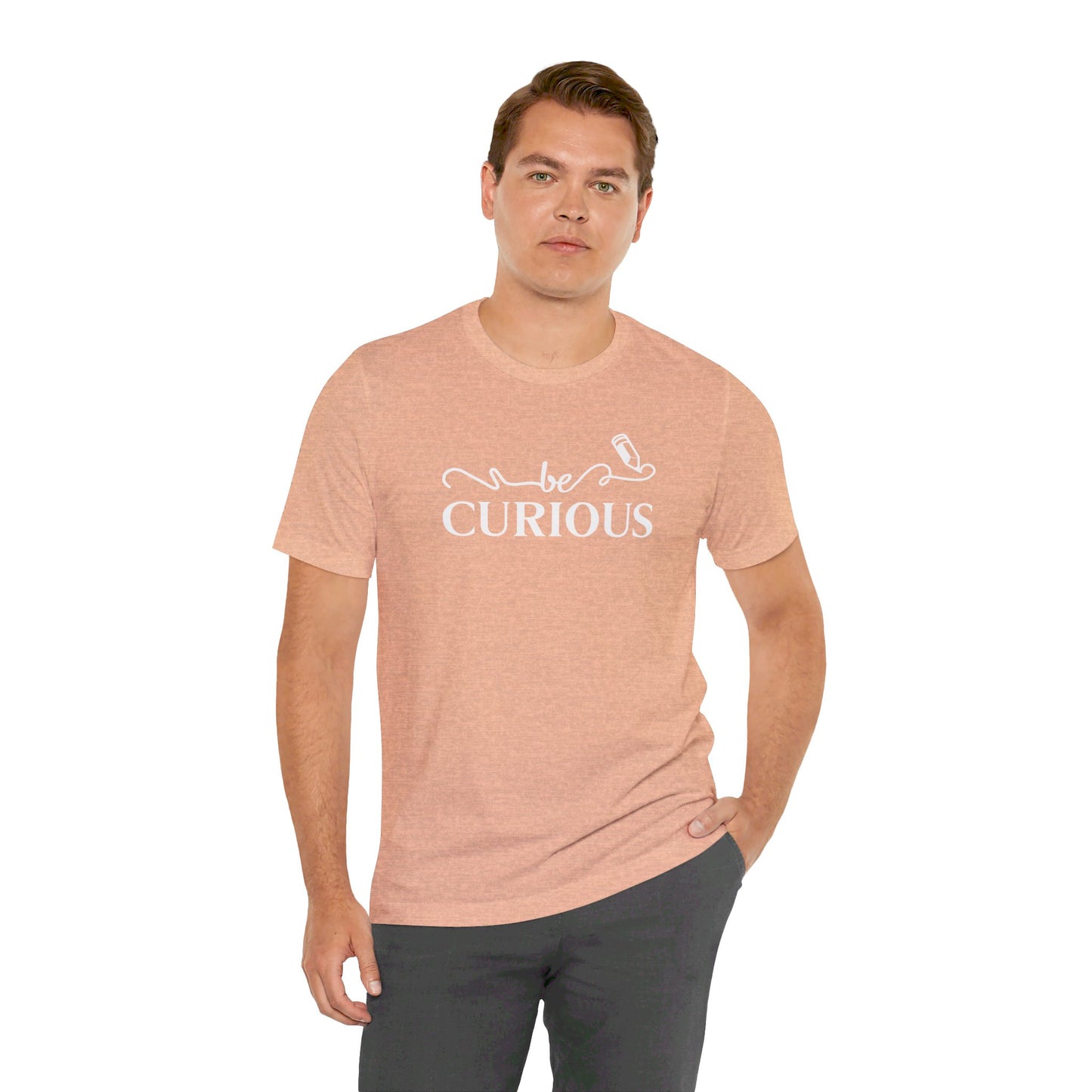 Be Curious with Lighthouse International logo on back Unisex Jersey Short Sleeve Tee